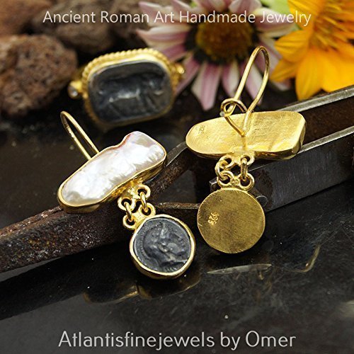Omer 925 Silver Pearl Earrings W/ Coin Ancient Art 24k Gold Vermeil Handmade
