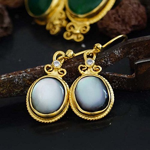 Turkish Pearl Earrings Handmade Designer Jewelry By Omer 925 Sterling Silver 24 k Yellow Gold Plated