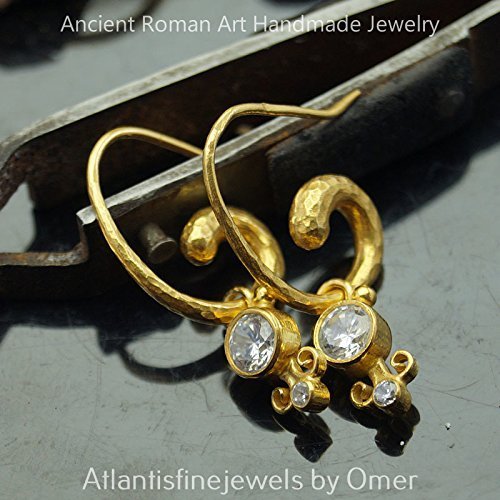 Omer Sterling Silver Hammered Horn Earrings White Topaz Charm 24k Gold Vermeil