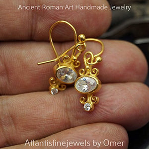 Roman Art White Topaz Dangle Earrings 24 k Gold Vermeil Sterling Silver Turkish Fine Jewelry