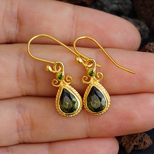 Sterling Silver Peridot Hook Earrings 24k Yellow Gold Vermeil Handcrafted Roman Art Design Women Earrings Turkish Designer Jewelry