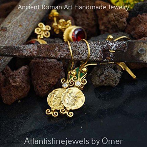 Handmade Coin Earrings w/ White Topaz By Omer 24k Yellow Gold Over 925 Silver