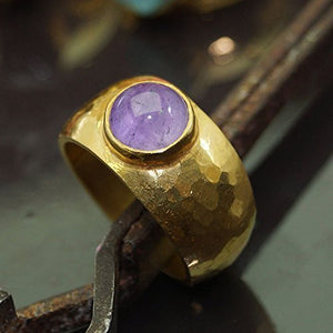 Bold Collection Amethyst Unisex Ring By Omer Handmade 925 Sterling Silver 24k Go