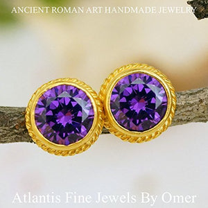  Turkish Amethyst Earrings Handmade Designer Jewelry By Omer 925 Sterling Silver 24 k Yellow Gold Plated