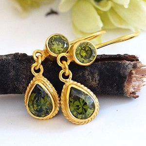 Turkish Green Peridot Earrings Handmade Designer Jewelry By Omer 925 Sterling Silver 24 k Yellow Gold Plated