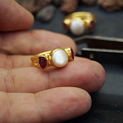 Turkish Handmade Jewelry Pearl Ring 925 Sterling Silver 24 k Yellow Gold Plated