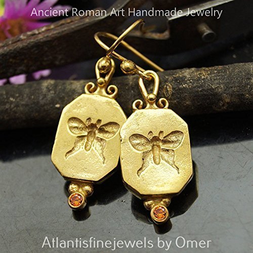 Butterfly Coin Orange Topaz Earrings 925 Sterling Silver Roman Art Fine Jewelry