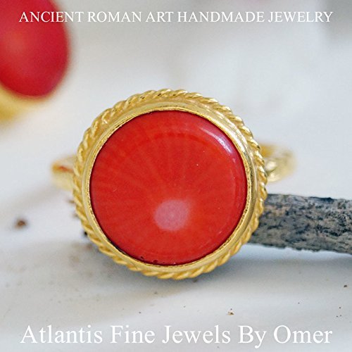 Turkish Coral Ring Handmade Designer Jewelry By Omer 925 Sterling Silver 24 k Yellow Gold Plated