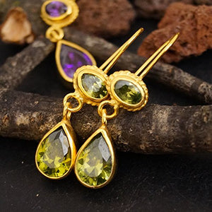 Turkish Peridot Earrings  Handmade Designer Jewelry By Omer 925 Sterling Silver 24 k Yellow Gold Plated