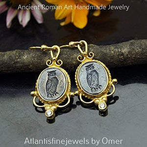 Turkish Owl Coin Earrings Handmade Designer Jewelry By Omer 925 Sterling Silver 24 k Yellow Gold Plated