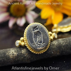 Sterling Silver Handmade Roman Art 2 Tone Owl Coin Ring 24k Yellow Gold Vermeil