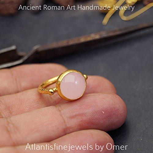 Turkish Hammered Jewelry Pink Quartz Ring 925 Sterling Silver 24 k Yellow Gold Plated