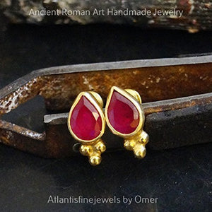 Handmade Designer Ruby Color Stud Earrings 24 k Gold Over 925 k Sterling Silver