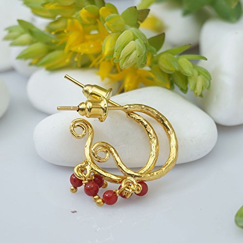 Omer 925 Sterling Silver Dainty Hammered Hoop Coral Charm Artisan Gold Earrings