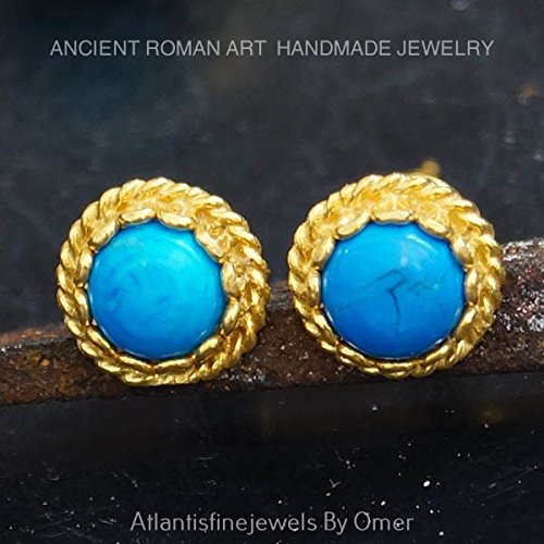 Turkish Turquoise Earrings Handmade Designer Jewelry By Omer 925 Sterling Silver 24 k Yellow Gold Plated