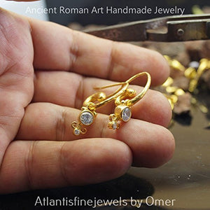 Omer Sterling Silver Hammered Horn Earrings White Topaz Charm 24k Gold Vermeil Roman Art Fine Jewelry