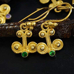 Turkish Chrome Diopside Earring Handmade Designer Jewelry By Omer 925 Sterling Silver 24 k Yellow Gold Plated