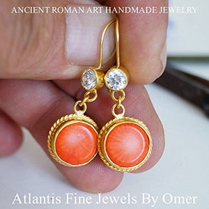 Coral & White Topaz Earrings 24 k Gold Over 925 Sterling Silver By Omer