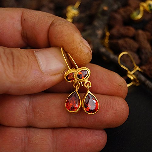 925 Sterling Silver Garnet Earrings 24k Yellow Gold Vermeil Handcrafted Roman Art Design Women Earrings Turkish Designer Jewelry