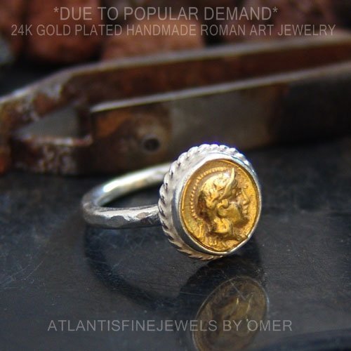 By Omer 925 k Sterling Silver Ancient Roman Art 2 Tone Coin Ring Turkish Jewelry