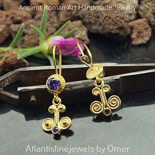 Omer Ancient Art Dangle Amethyst Earrings 24k Gold over 925k Silver Turkish Fine Jewelry