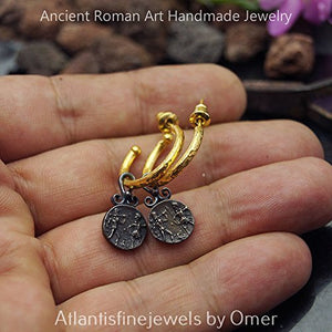 Omer 925 Fine Silver Hammered Hoop Earrings W/ Oxidized Charm 24k Gold Vermeil