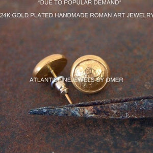 Hammered Designer Stud Earrings 24 k Gold Over Sterling Silver By Omer