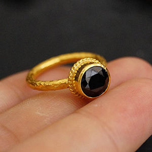 Sterling Silver Black Onyx Ring 24k Gold Vermeil Handcrafted Turkish Designer Fine Jewlery by Omer Women Solitaire Stackable Ring