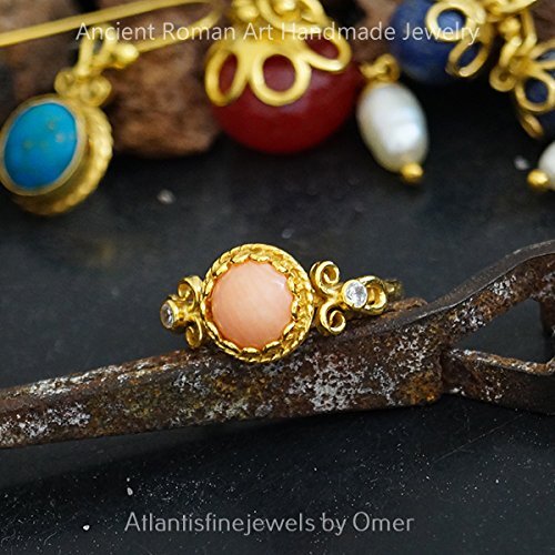 Omer Handmade Ancient Work Coral Ring 24 k Gold Over Sterling Silver