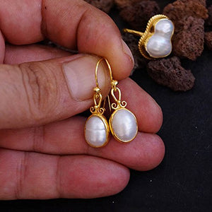 Sterling Silver Handmade Pearl Earrings 24k Yellow Gold Vermeil Omer Roman Art
