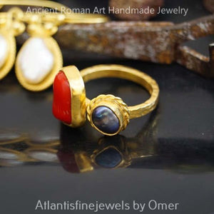 One Of A Kind Hammered Coral & Pearl Ring 24 k Yellow Gold Over Silver By Omer