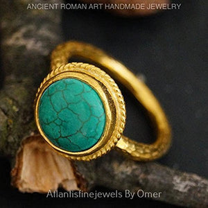 Turkish Turquoise Ring Handmade Designer Jewelry By Omer 925 Sterling Silver 24 k Yellow Gold Plated