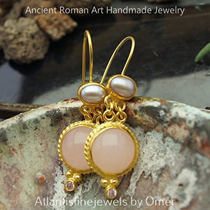 Omer 925 Silver Rose Quartz & Gray Pearl Handmade Turkish Artisan Gold Earrings
