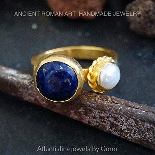 Turkish Lapis & Pearl Ring Handmade Designer Jewelry By Omer 925 Sterling Silver 24 k Yellow Gold Plated