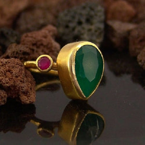 925k Handmade Designer Green Jade W/Ruby Ring 24k Gold Vermeil Handcrafted