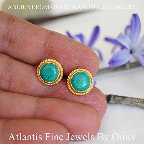 Handmade Roman Art Designer Turquoise Stud Earrings 24 k Gold Over Silver By Omer