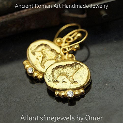 Handcrafted Grizzly Bear Coin Earrings 925 k Silver Roman Art Jewelry 24k Yellow Gold Vermeil