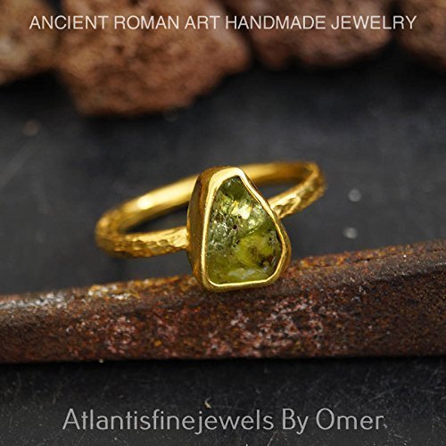 Handmade Rough Peridot Ring By Omer 24 k Gold Vermeil Sterling Silver