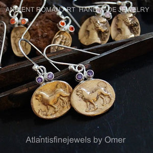 Sterling Silver Handmade Amethyst earrings with Lion Coin Ancient Style By Omer
