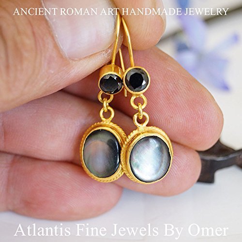 Handmade 925 Silver Mother Of  Pearl Onyx Yellow Gold Earrings Turkish Jewelry