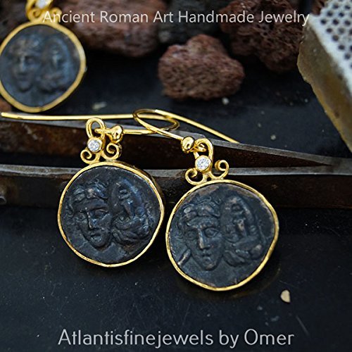 Turkish Oxidized Coin Earrings Handmade Designer Jewelry By Omer 925 Sterling Silver 24 k Yellow Gold Plated