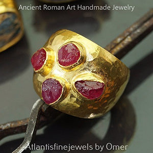 Turkish Ruby Ring Handmade Designer Jewelry By Omer 925 Sterling Silver 24 k Yellow Gold Plated