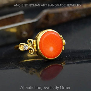 Hammered Ancient Art Coral Ring By Omer 24 k Gold Over Fine Silver