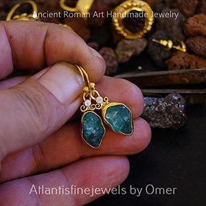 Roman Art Rough Blue Apatite Designer Earrings By Omer 24 k Yellow Gold Over 925 Silver