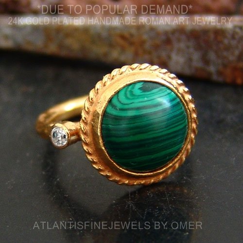 Turkish Malachite Ring Handmade Designer Jewelry By Omer 925 Sterling Silver 24 k Yellow Gold Plated
