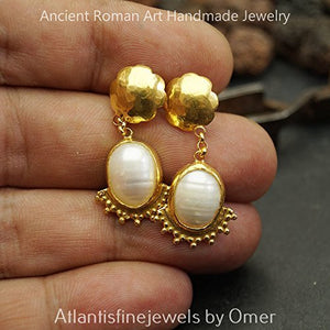 Omer Handcrafted Ancient Roman Art 925 k Silver Artisan Dangle Earrings w/ Pearl