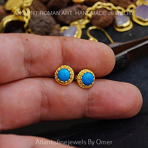 Handmade Turquoise Stud Earrings By Omer 24 k Gold Over Sterling Silver Turkish Jewelry
