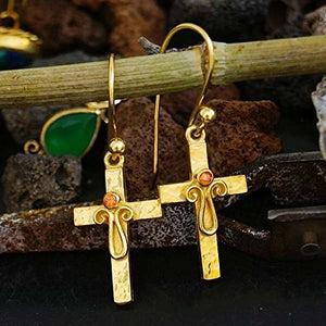 Ancient Roman Art Handmade Cross Earrings W/ Orange Topaz 24k Gold Over 925k Silver By Omer