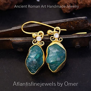*MADE TO ORDER* Handmade Raw/Uncut Blue Apatite Designer Gold Earrings By Omer