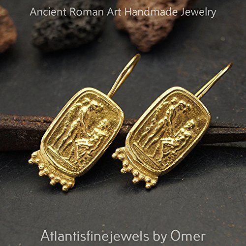 925 k Sterling Silver Sun Collection Roman Art Coin Earrings 24 k Gold Plated
